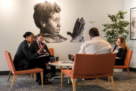 Students participate in an LBJ School project in a space dedicated to Barbara Jordan